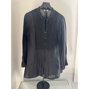 Windsmoor Black Linen Pintuck Blouse Women's M Sheer‎ Boho Minimalist Button Top
